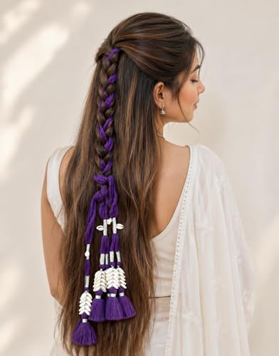 Image of Zippy Flora Handmade Boho Parandi | Traditional Hair Accessory with Tassles & Shells | Hair Extension | Choti |Women's Patiala Shahi Paranda | Soniya Parandi (Dark Purple) | 22 Inches Length