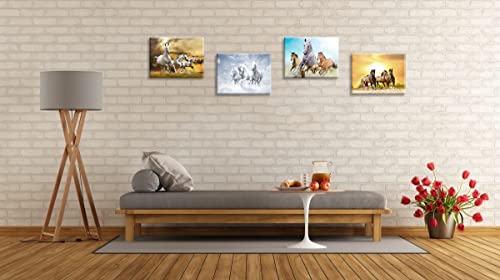 Horse Pictures Painting Canvas Wall Art Decor For Bedroom, Rustic Tan Horses Prints Of Wild Western Steed Running In Sunset (Set Of 4, Waterproof Artwork, 1" Thick Frame, Bracket Fixed Ready To Hang) #TOP5