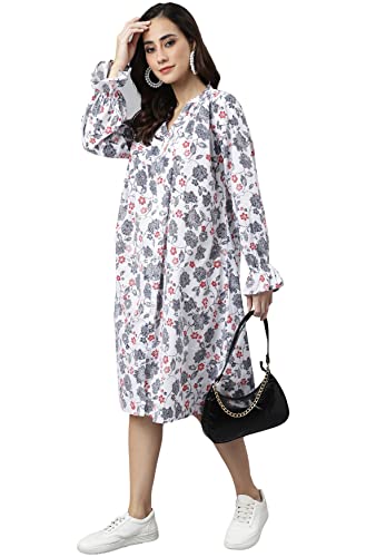 Image of Janasya Women's White Cotton Floral Print Flared Western Dress