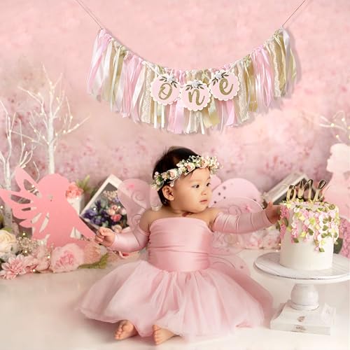 Pink Golden Floral High Chair Banner - Rose 1st Birthday Highchair Banner, Girls’ 1st Birthday Decoration, Pink First Birthday Decor, One High Chair Banner, 1st Birthday Party Decorations for Girls, 1st Birthday Banner with Tassels, Baby Girl First Birt