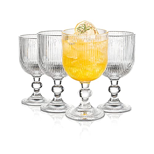 Vintage Wine Glasses Set Of 4, 12 Oz Glass Drinkware Sets, Ripple Drinkware Embossed Unique Vintage Glasses Drinking, Vertical Line Goblet Glasses, Water Goblets, Wedding, Party, Dinner, Bar #TOP19