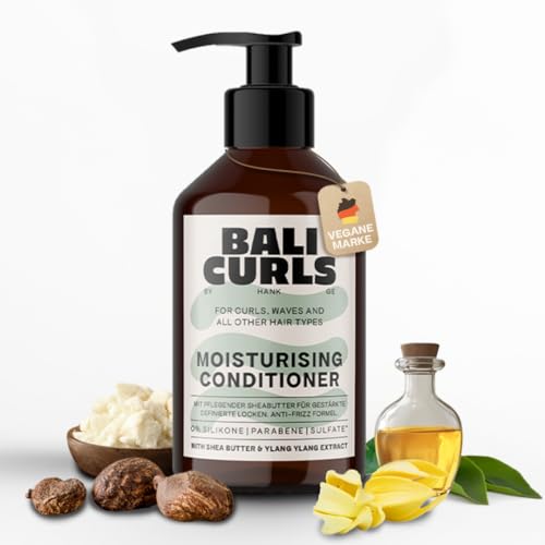 Bali Curls - Acondicionador hidratante con manteca de karité, aceite de coco y ylang-ylang – Cuidado del cabello antiencrespamiento para rizos, método vegano y rizado, sin siliconas, 250 ml