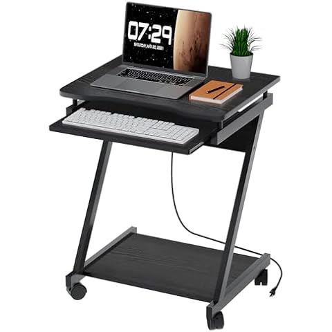 ZERDER Compact Home Office Desk for Small Space, Computer Gaming Desk with Keyboard Tray and Power Outlet, Study Workstation with Bottom Shelf, Black Cover