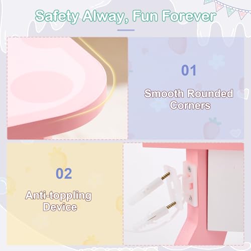 Image of Vanity Set,ShyneeMakeup Dressing Vanity Set Wooden Princess Makeup Table with Cushioned Stool,Drawer,Wooden Legs and Mirror, Make Up Dressing Play Set for Girls (Pink Red)
