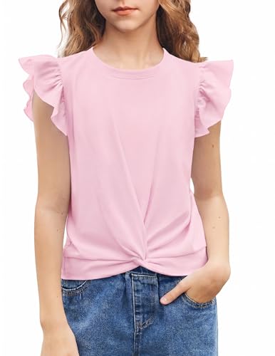 Image of Arshiner Girls Shirt - Short-Sleeve Twist Front T-Shirt for Girls with Cute Flying Sleeves - Summer Blouse Tunic Tee Tops