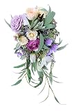 BENCENTRE 12" Purple Wedding Bouquet Fabric Austin Rose Mix Artificial Flowers, Cascading Bridal Bou