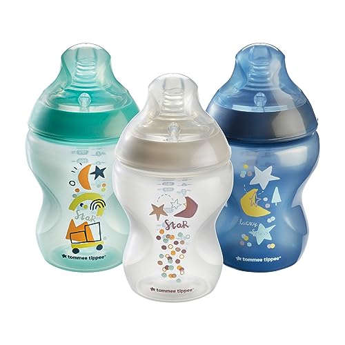 Image of Tommee Tippee Closer to Nature Anti-Colic Baby Bottle, 9oz, Slow-Flow Breast-Like Nipple for a Natural Latch, Anti-Colic Valve, Pack of 3, I Am Dreamer