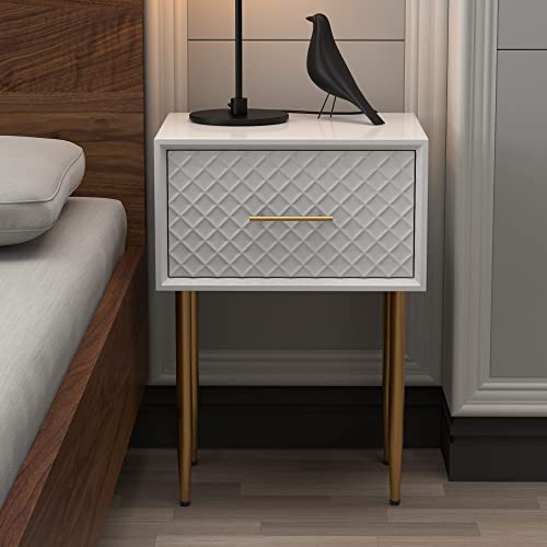 COZAYH Modern Contemporary Spacious Drawer Nightstand Side Table, Retro-Inspired Raised Diamond Motif, White