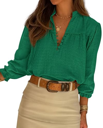 BTFBM Women Fall Tops 2025 Boho Solid V Neck Fashion Casual Long Sleeve Button Down Blouses Dressy Shirts(Dark Green,Large)