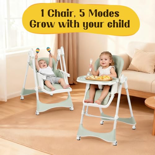 6-in-1 High Chair with Rocker | Convertible Baby High Chair for Newborn to Toddler | Easy-Clean, Foldable & Adjustable with Removable Tray, Sparrow Lake Green by FAHKNS - Image 6
