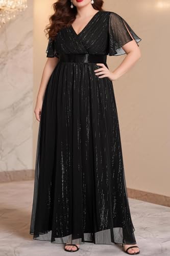 Plus Size Formal Dress - Chiffon V Neck Bridesmaid Wedding Guest Party Short Sleeve A-Line Floor Length Dresses4