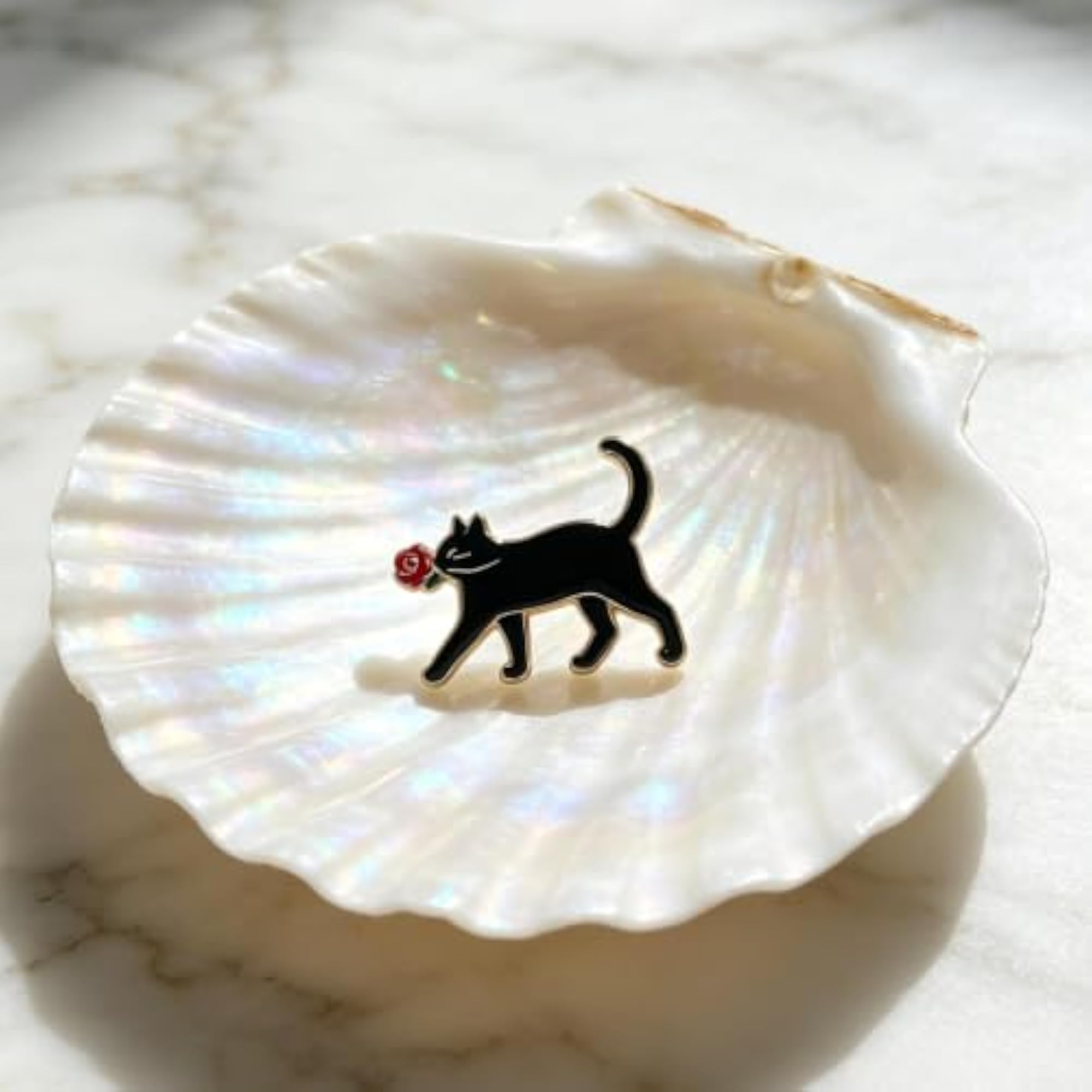 Black Cat Enamel Brooch Pin with Red Rose, Gothic Style