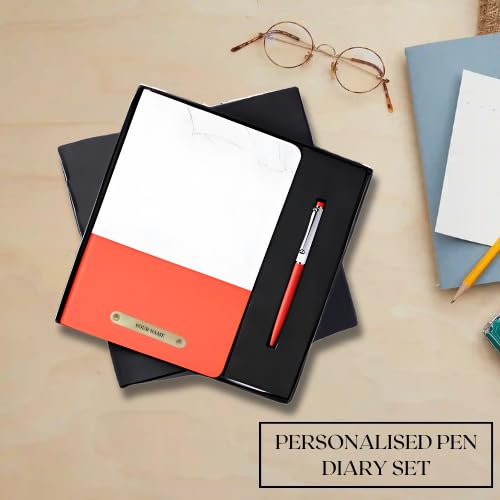 Image of 2 in 1 Personalized Diary & Pen Combo Gift Set | Custom Name Engraved Black Leather Notebook & Metal Pen | Best Gift for Office, Corporate & Personal Use (Red)