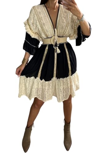 Robe bohème chic en dentelle bicolore col en V et manches 3/4 avec ceinture