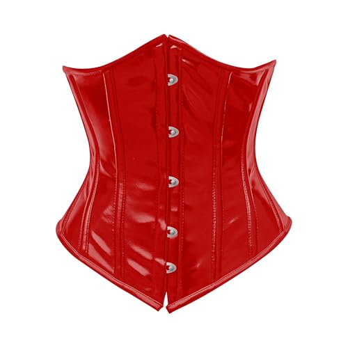 OH WEARS Women Black Pvc Basque and Corsets Underbust Waist Training Corset Black Vinyl Shapwear With Tight Lace up Plus Size Corset Steel Boned Waist Cincher (UK, Alpha, S, Regular, Regular, Red)
