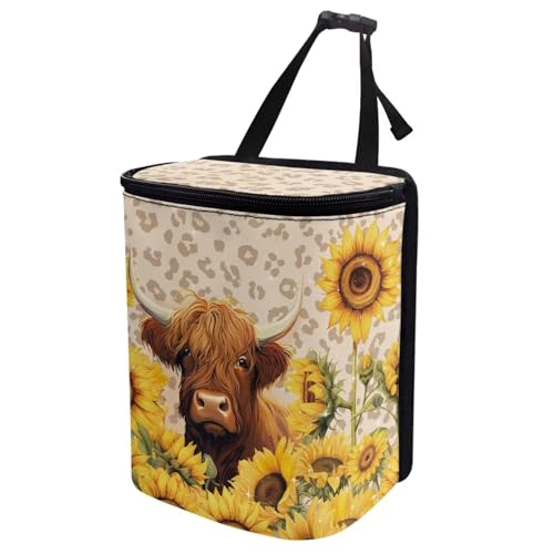 Image of Highland Cow Car Trash Can Hanging Mini Auto Garbage Bin with Lid Washable Leak Proof Automotive Car Rubbish Bags for Back Front Seat,Car Interior Accessory