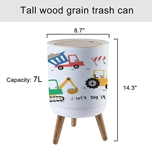 Image of Small Trash Can with Lid Cute Construction Trucks for Kids Round Recycle Bin Press Top Dog Proof Wastebasket for Nursery Playroom Bedroom Office 7L /1.8 Gallon