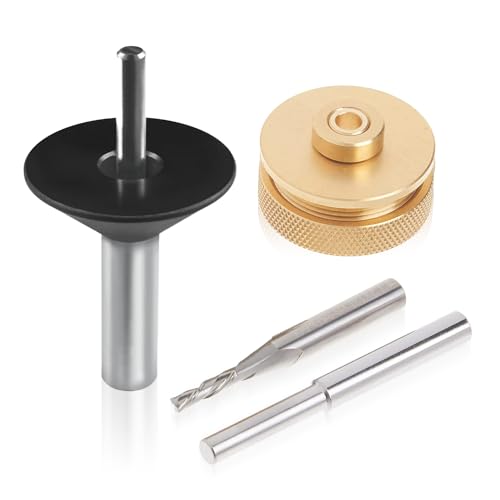 POWERTEC 72132 Solid Carbide Downcut Spiral Router Bit 1/4 Shank with Router Bushing, Collar, Alignment Pin, and Router Base Plate Centering Pin and Cone Set with 1/2" and 1/4" Ends by POWERTEC - Used condition - US$14.00