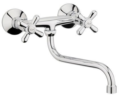 Nostalgie Landhausstil Wandarmatur chrom hochglanz mit schwenkbarem Auslauf für Bad Küche Waschraum, 2-Griff-Mischbatterie mit traditionellen Kreuzgriffen und keramischen Kartuschen Cover
