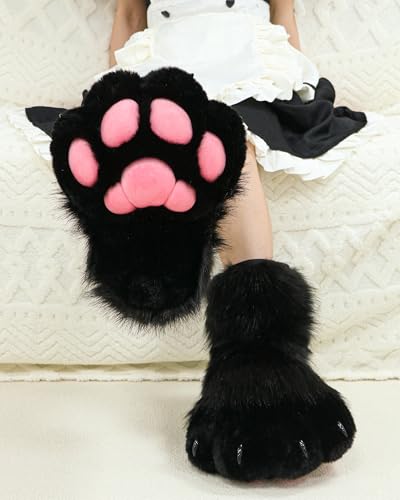 BNLIDES Cosplay Tier Katze Wolf Hund Fuchs Fursuit Füße Pfote Klaue Schuhe Pelzstiefel Kostüm Zubehör für Erwachsene, schwarz/pink, Free Size