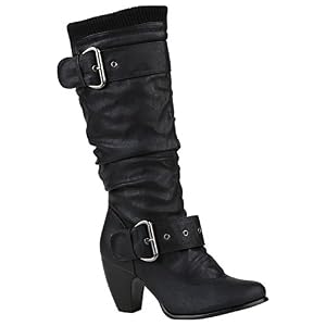stiefelparadies Klassische Damen Stiefel Leder-Optik Block Absatz Basic Schuhe 150287 Schwarz Schnallen 36 Flandell