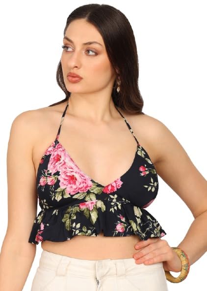 rudrakriti Rudraaksha Black Pink Floral Halter Neck Crop Top for Women | Ruffle Hem Summer Party Top-picture-13