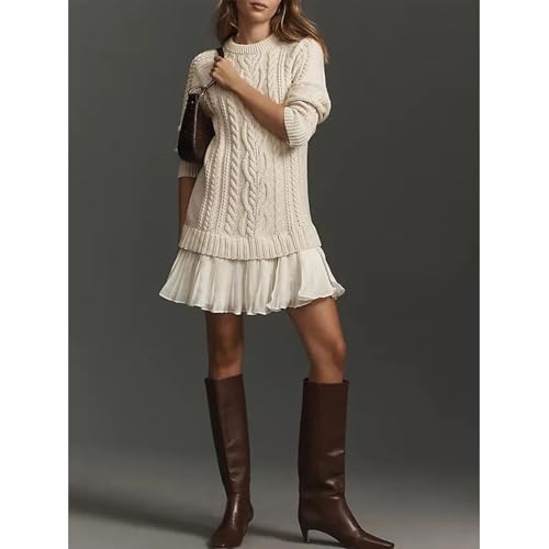 Women Crewneck Cable Knit Sweater Mini Dress, Cable Knit Sweater Pleated Mini Dress, Twofer Style Dress3