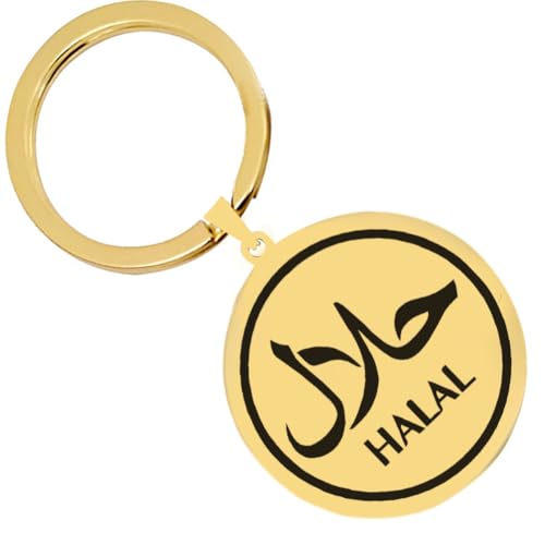 KOVEVE 2PCS Steel Engraved Halal Logo Islamic Arabic Keychain Gold