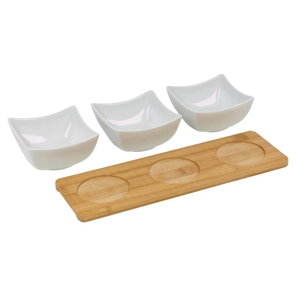 URBNLIVING 4-Piece Porcelain Dip Bowl Set with Bamboo Tray – Square Tapas, Snack & Appetizer Serving Dish – Elegant Entertaining & Party Serving Board - Image 4