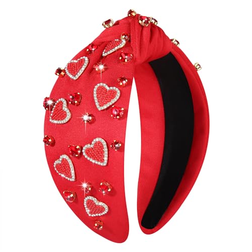 YAHPERN Valentine’s Day Headband for Women Red Pink Heart Knotted Headband Jeweled Rhinestone Crystal Wide Top Knot Hairband Valentine’s Day Hair Accessories Holiday Gifts (Red)