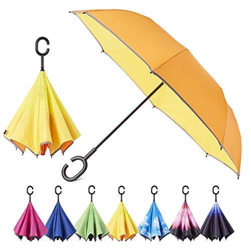 HOSA Manual Open Reverse Inverted Umbrella Night Safety Reflective Strips, UV Protection Double Layer Windproof Canopy Design C Handle (C-Shaped) Upside Down Straight Umbrella For Outdoor Car Rain Women