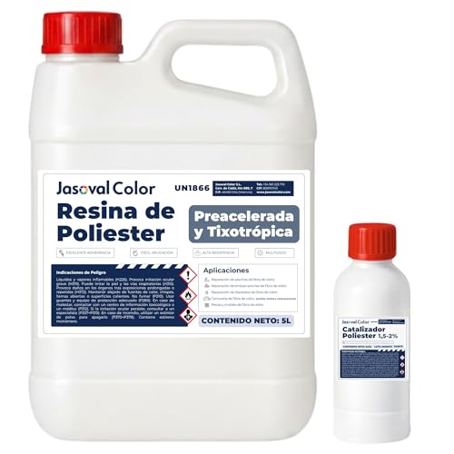 Resina de Poliéster 5 kg, Kit Resina Poliéster para Fibra de Vidrio con Catalizador, Reparación para Piscinas, Barcos, Carrocerías y Piezas de Fibra de Vidrio