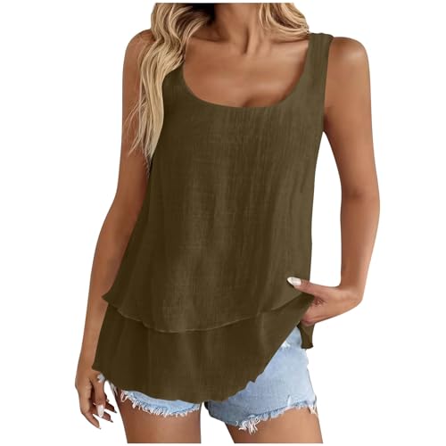 Tank Top Damen Sommer,V-Ausschnitt Doppelter Saum Leinenbluse Elegante Ärmellose Shirts Leinenshirt Baumwolle Einfarbige T-Shirts Basic Blusentop Musselin Tanktops für Urlaub Strand