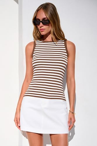 Image of PRETTYGARDEN Summer High Neck Striped Tank Tops for Women Casual Sleeveless Sweaters Basic Ribbed Knit Slim Fitted Shirts