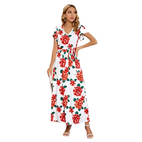 Robe d'été pour femme au col en V flatteur et imprimé floral blanc en L