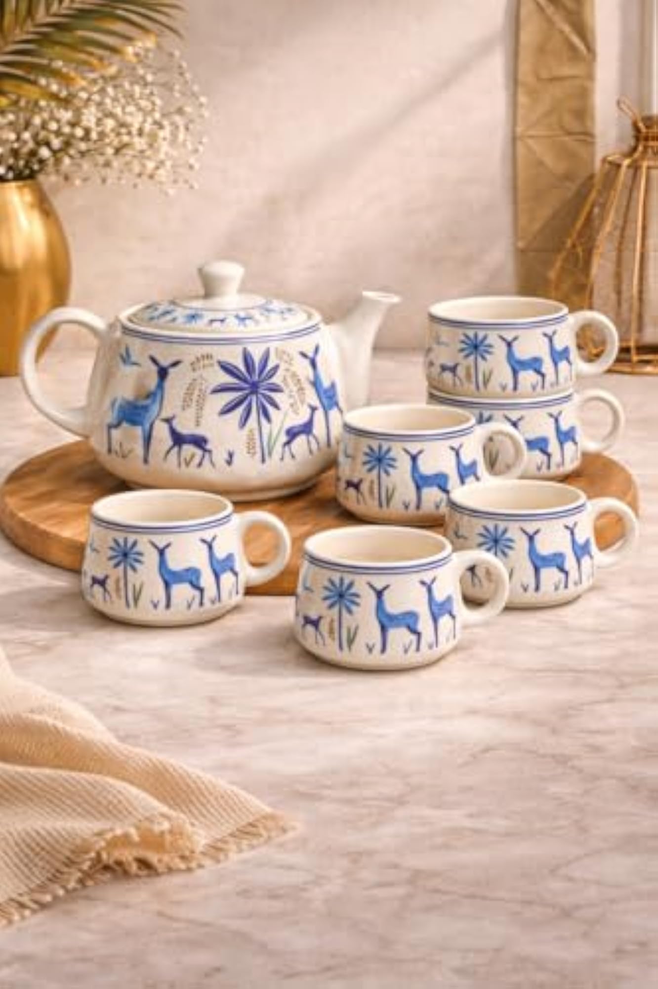 Handcrafted Blue Deer Ceramic Tea Set