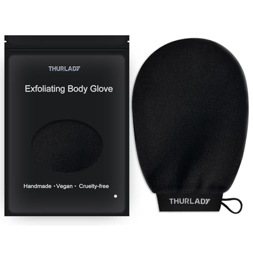 THURLADY Exfoliating Glove, Korean Exfoliating Mitt, Viscose Fiber Shower Mitt, Dead Skin Remover for Smooth Skin, Self-Tan Prep and Removal, Black