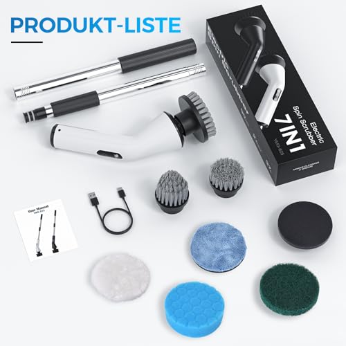 Elektrische Reinigungsbürste, Schnurlos Electric Cleaning Brush mit 7 austauschbaren Bohrbürstenköpfen, Wanne mopSet, Elektrische Putzbürste mit Verstellbarem Griff für Bad Küche Auto Fußboden