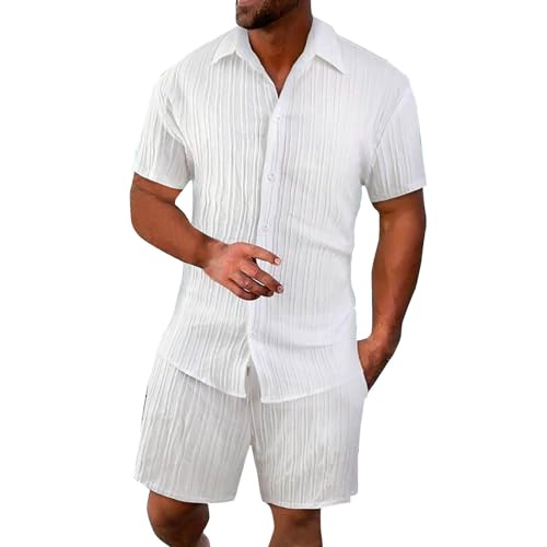 Men Summer Casual Short Sets Solid Textured Short Sleeve Button Down Shirt Drawstring Shorts 2 Piece Beach Outfits