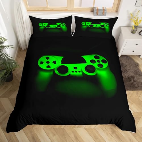 Gamer Bedding Sets For Boys Full,Gaming Duvet Cover Kids Teens Men Video Game Room Decor Reversible Gaming Comforter Cover Green Gamepad Bed Set Retro Game Controller Quilt Cover Soft Luxury 3 Pcs
