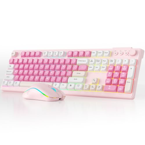 Wireless Keyboard and Mouse Combo, RGB Backlit Rechargeable 2000 mAh Battery, Tri-Mode Bluetooth/2.4GHz/USB-C Custom Creamy Keyboard, RGB Backlit Media Knob (White-Pink)
