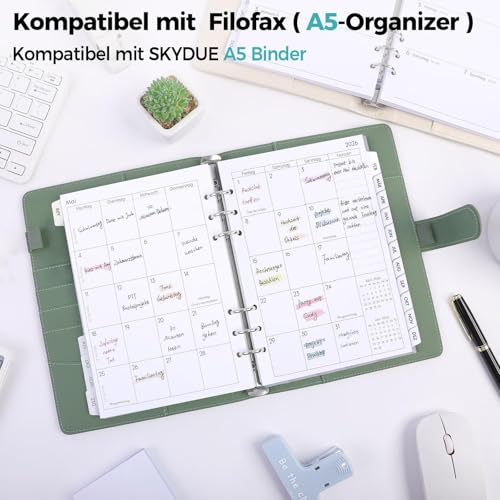 SKYDUE Kalender Ringbuch A5 Nachfüllbar,Ringbuch A5 Nachfüllbar, Planer 2026, Terminplaner 2026 Perfekt Für Schüler Und Berufstätige(Olivgrün)