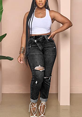 Lucuna Women's Ripped High Waisted Boyfriend Jeans Distressed Skinny Stretchy Denim Pants4