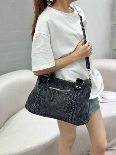 Image of Designer Denim Handbags for Women Hobo Tote Bag Crossbody Denim Purses Blue Jean Shoulder Bag