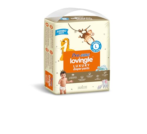 Image of Pro-ease Lovingle Luxury Wrapper Baby Diaper|Pant Style Diaper for Baby|Diaper L Size|2X preference on Absorption*IAdvanced Leakage Protection|Wetness Indicator|Easy Throw Tape|9-14 Kg|50 Pieces.