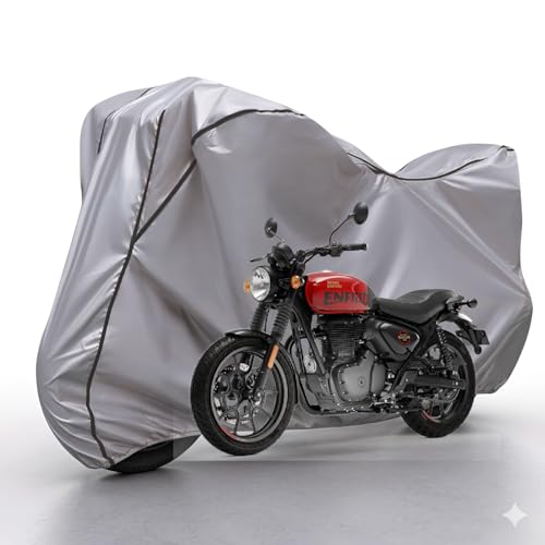 Image of Waterproof Bike Body Cover Compatible with RE Hunter 350 Dustproof Scratchproof - Motorcycle Cover for Two Wheeler, Outdoor Full Cover with UV, Duty, Rain Protection (Silver & Black)