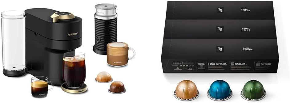 Nespresso Limited-Edition Vertuo Pop+ Deluxe Coffee and Espresso Maker by Breville with Milk Frother, Matte Black Gold Capsules, Vertuo Line