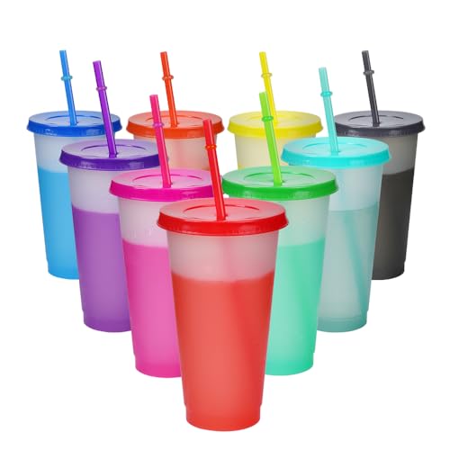 ZoneYan Lot de 9 Gobelets en Plastique avec Couvercle et Paille, 16 oz Tasse à Couleurs Changeantes, Tasse de Voyage, Gobelets à Smoothie Plastique...