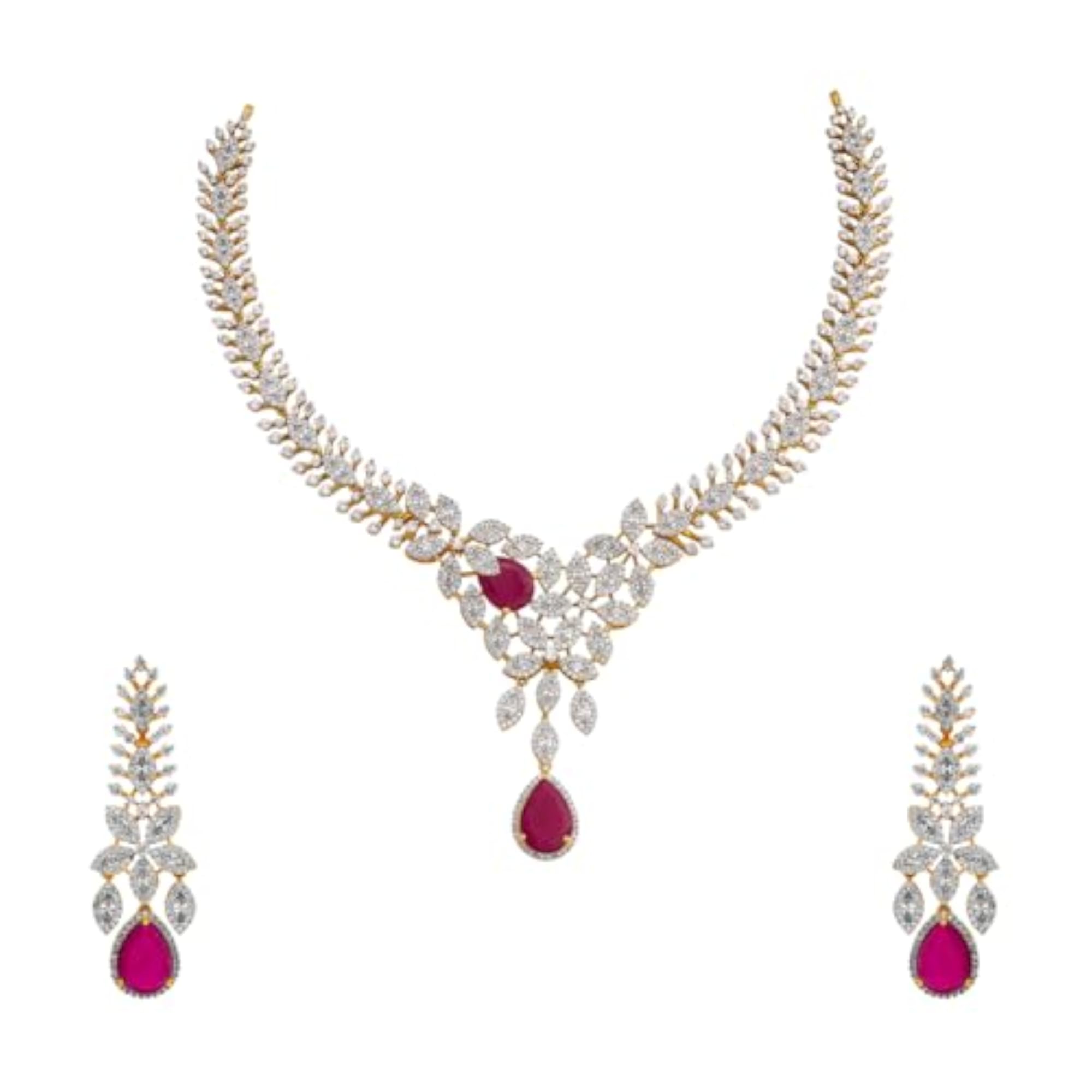 Women's Ruby Rodium-Gold Polished Copper Zircon Necklace with Earrings