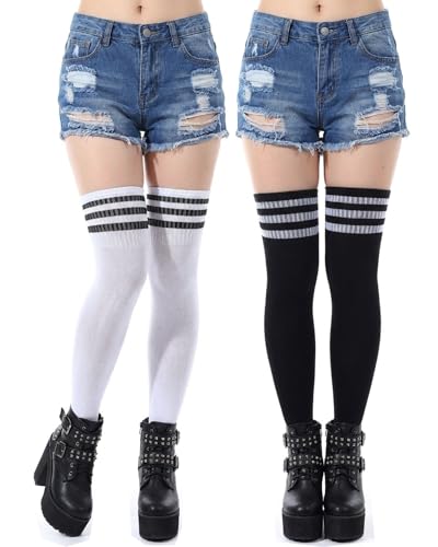 Ramede 2 Pairs Womens Three Stripes Thigh High Socks Extra Long High Thigh Socks Striped over Knee Long Opaque Stockings(Black and White, Pinstripe)